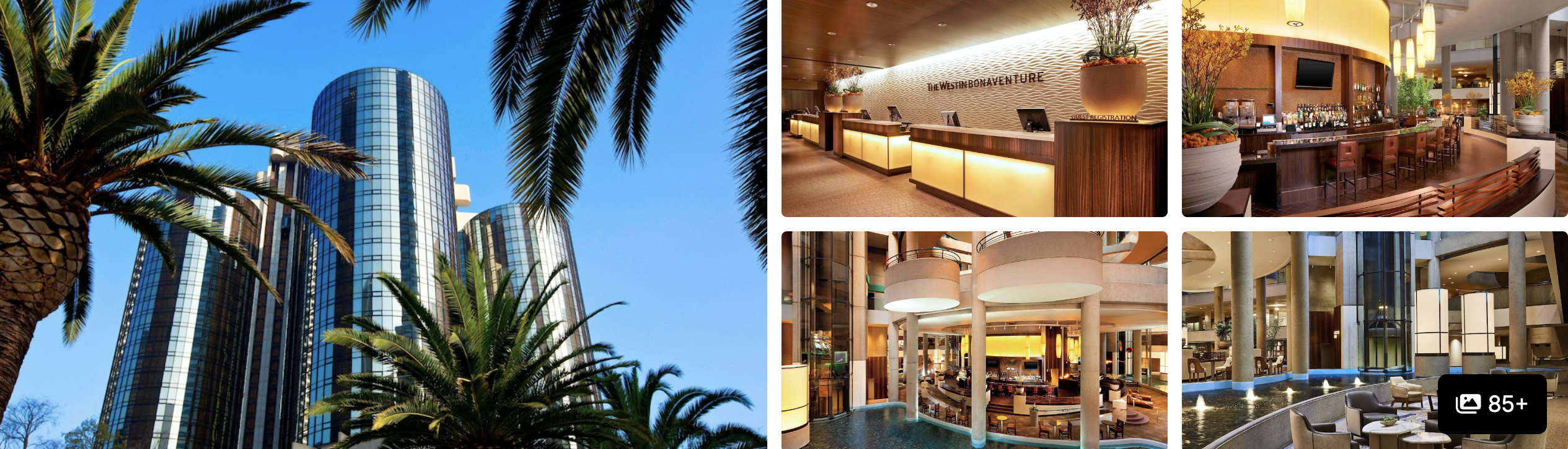 Photos of The Westin Bonaventure Hotel and Suites, Los Angeles: glass cylinder towers framed by palms, reception and pool lounge
