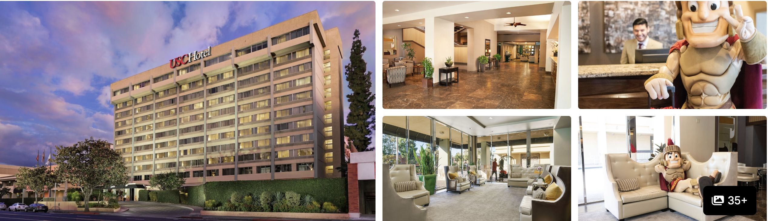 Photos of USC Hotel, Los Angeles: warm-lit twilight exterior, tiled lobby, lounge seating and a costumed Trojan mascot