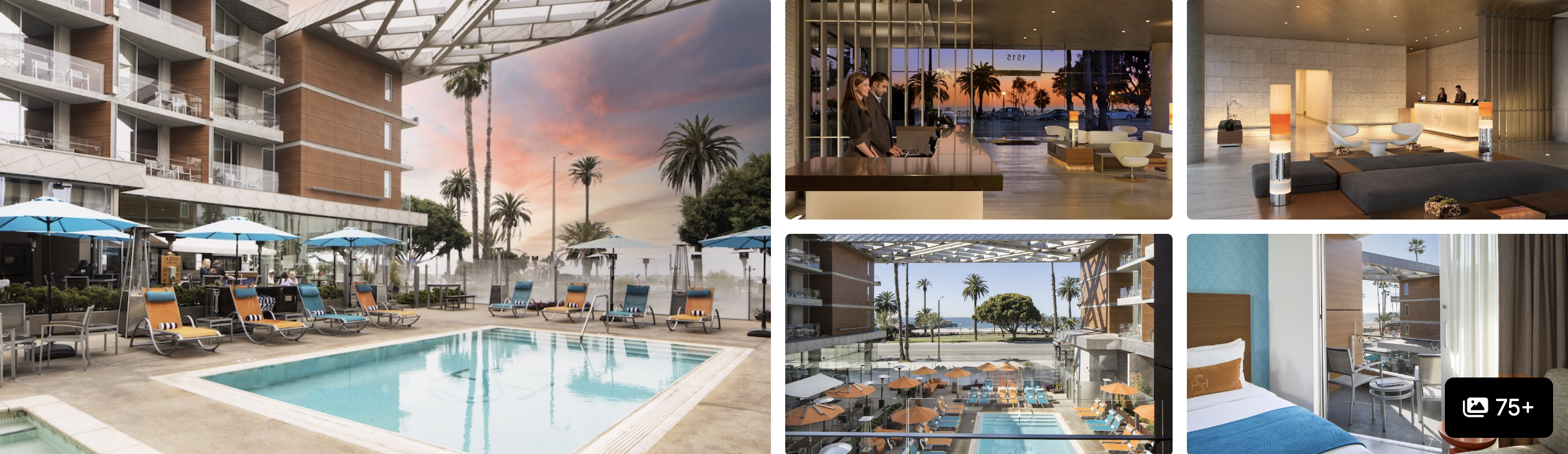 Photos of Shore Hotel, Santa Monica: poolside loungers at sunset, lobby seating, ocean-view dining and a coastal guest room