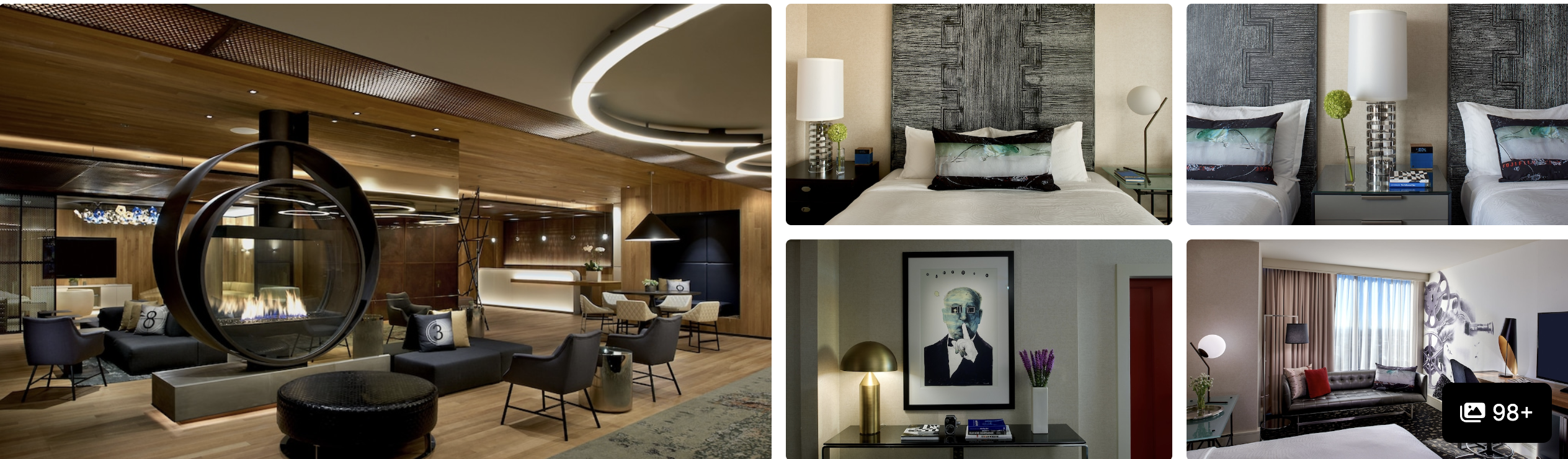 Photos of Kimpton Hotel Palomar Los Angeles: lobby with circular fireplace feature, art-accented guest rooms and lounge