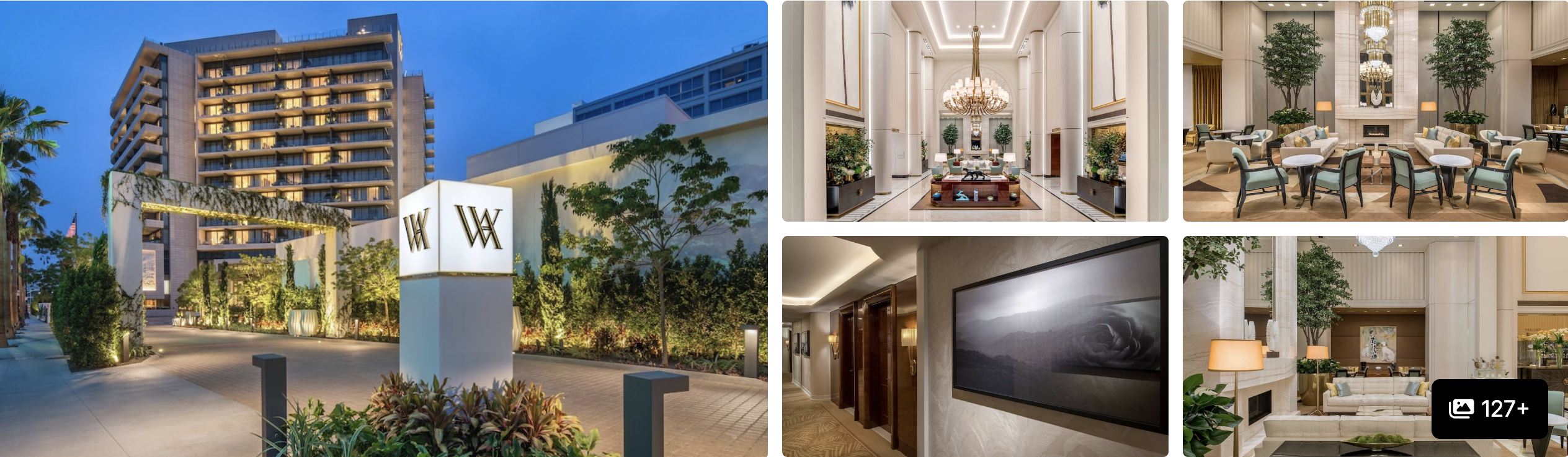 Photos of Waldorf Astoria Beverly Hills: modern facade lit at dusk, atrium lobby with chandelier and refined dining and lounge