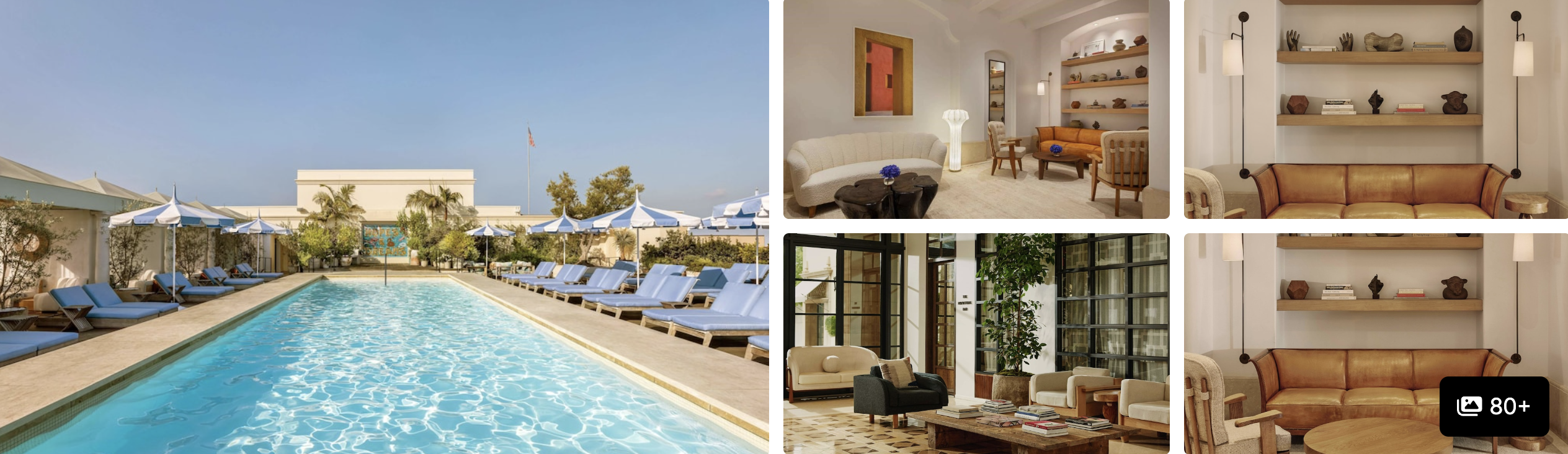 Photos of The Maybourne Beverly Hills: blue poolside with loungers and umbrellas and minimalist lounges with curved sofas