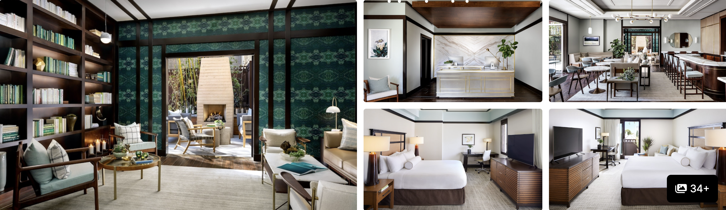 Photos of The Ambrose Hotel, Los Angeles: green-tiled living room with fireplace, white reception and serene guest rooms