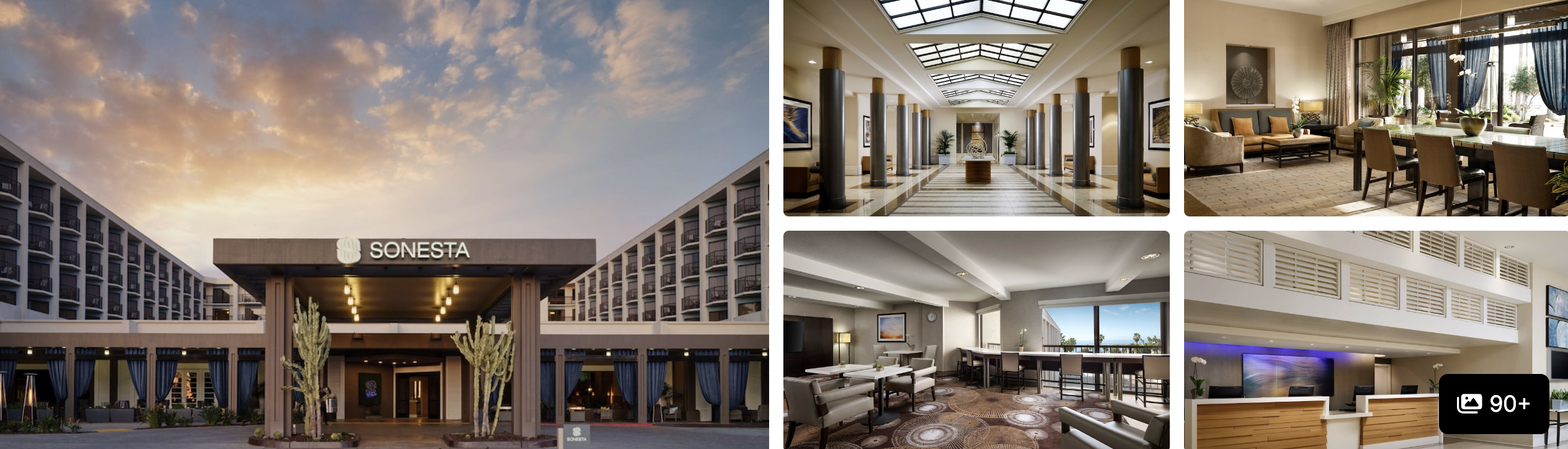Photos of Sonesta Redondo Beach and Marina: low-rise resort exterior at sunset, skylit lobby corridor and lounge seating