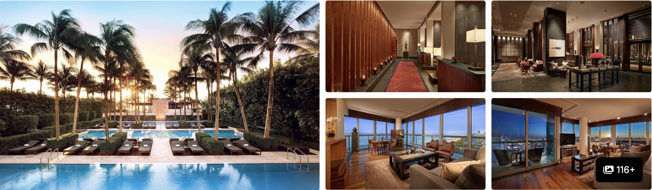 Photos of The Setai Miami Beach: palm-framed pool at dusk, dark wood corridor and oceanview lounge suites