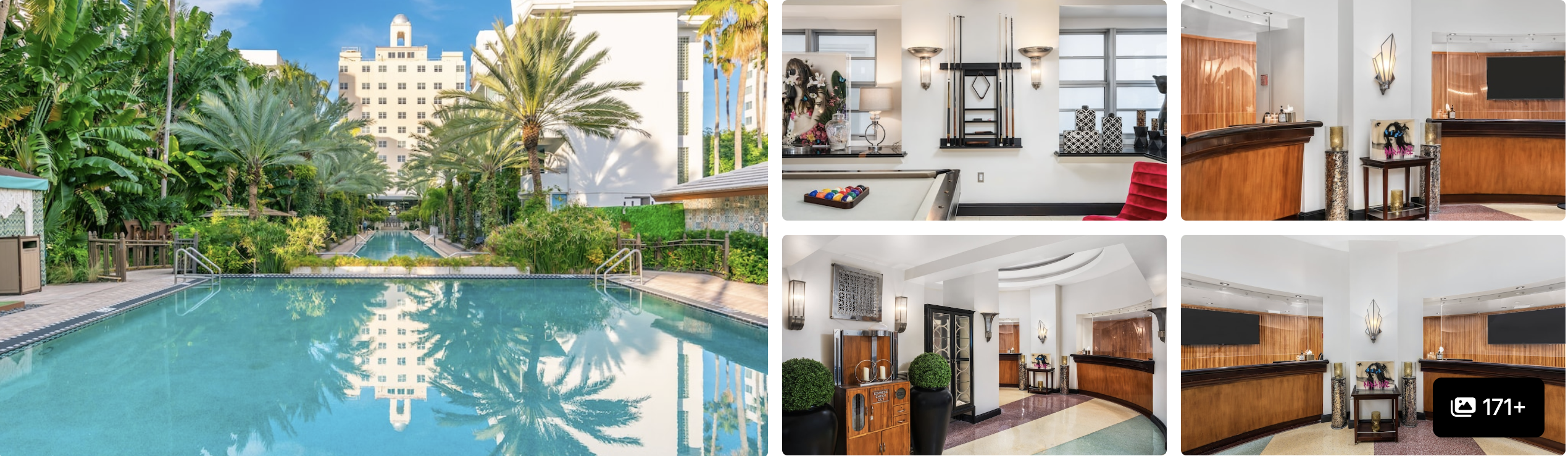 Photos of National Hotel Miami Beach: long palm-lined pool, billiards lounge and wood-paneled reception areas