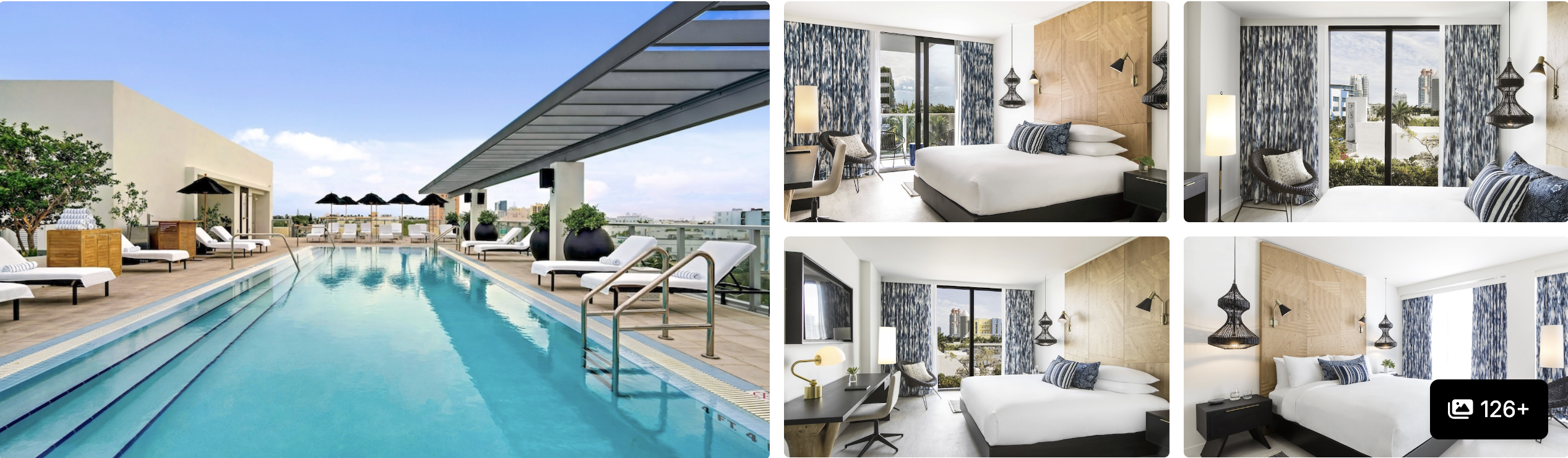 Photos of The Betsy Hotel South Beach: art deco tower at sunset, sculptural lobbies and bright lounge areas