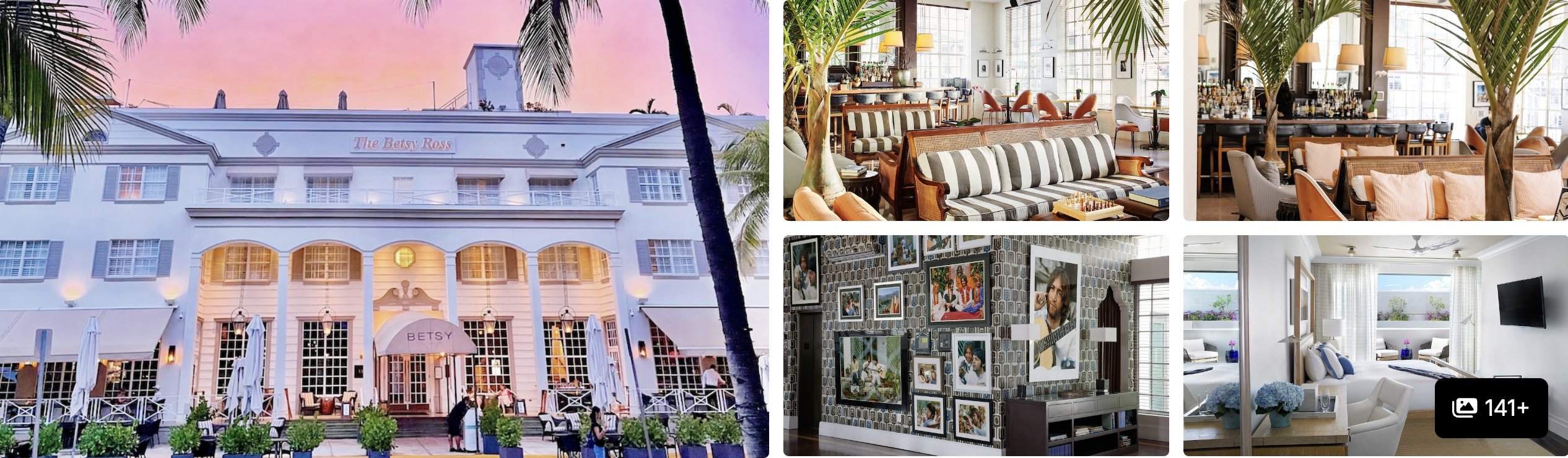 Photos of a South Beach Miami hotel: palm-lined pool at sunset, warm wood corridor and oceanview living suites