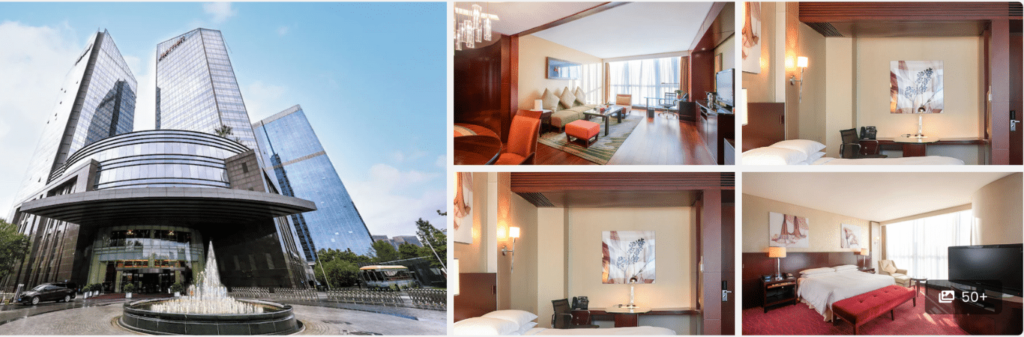 Four-photo collage of a modern hotel