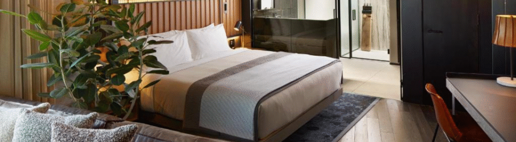 Modern hotel room with a large bed, indoor plant, desk, and a view into the bathroom area.