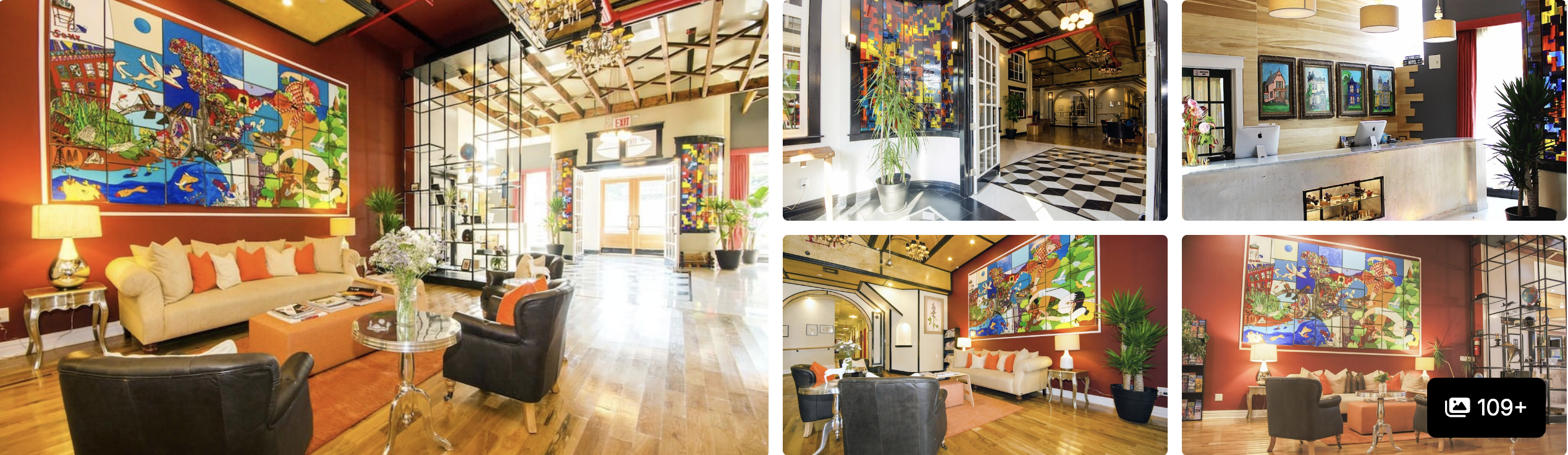 Photos of The Box House Hotel, Greenpoint: colorful art-filled lounge, checkered-floor atrium and warm seating areas