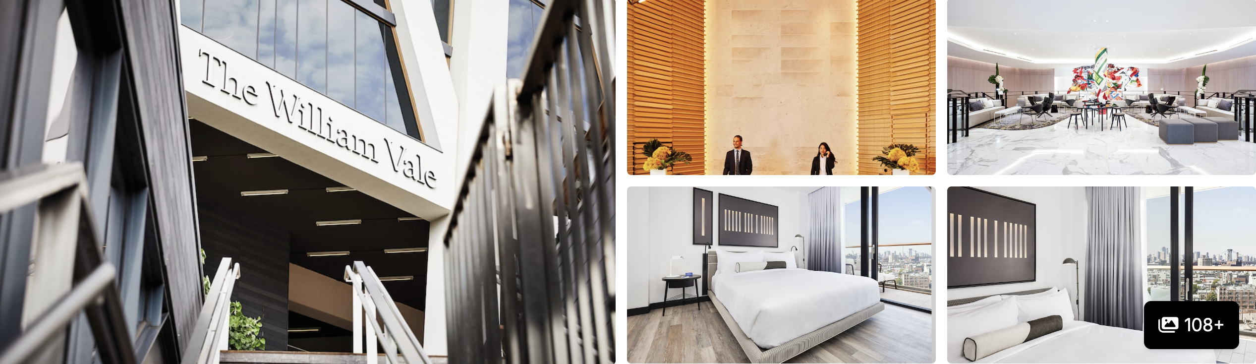 Photos of The William Vale, Williamsburg: glass-and-steel entrance, marble lounge and guest rooms with city views