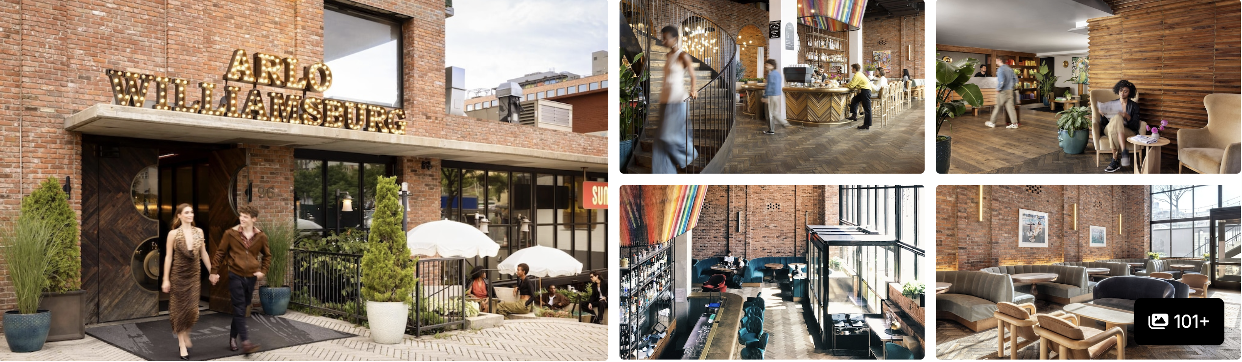 Photos of Arlo Williamsburg: brick entrance with signage, plant-filled lobby bar and industrial lounge seating