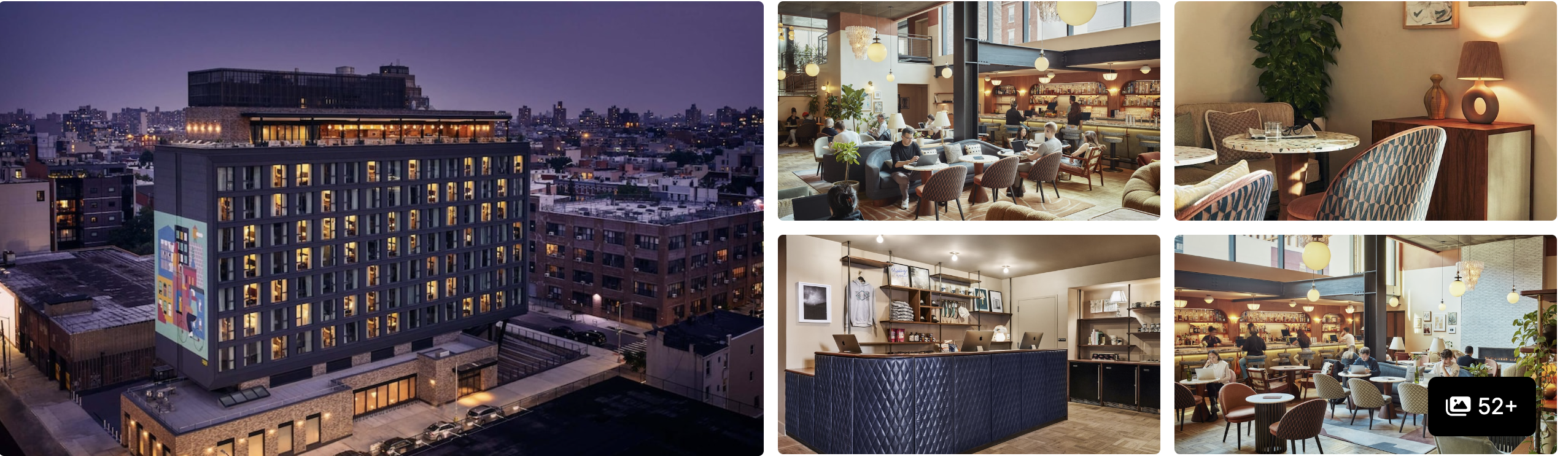 Photos of The Hoxton, Williamsburg: lit brick tower at dusk, warm restaurant dining room and bar