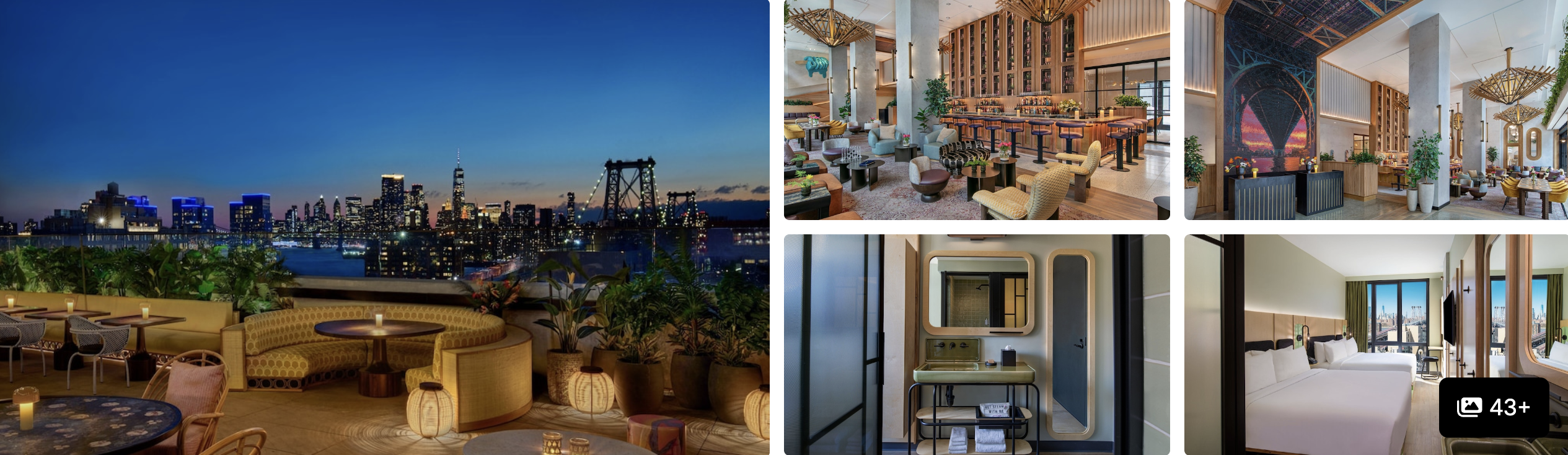 Photos of Moxy Brooklyn Williamsburg: rooftop terrace with Manhattan skyline, palm-motif lobby bar and guest rooms