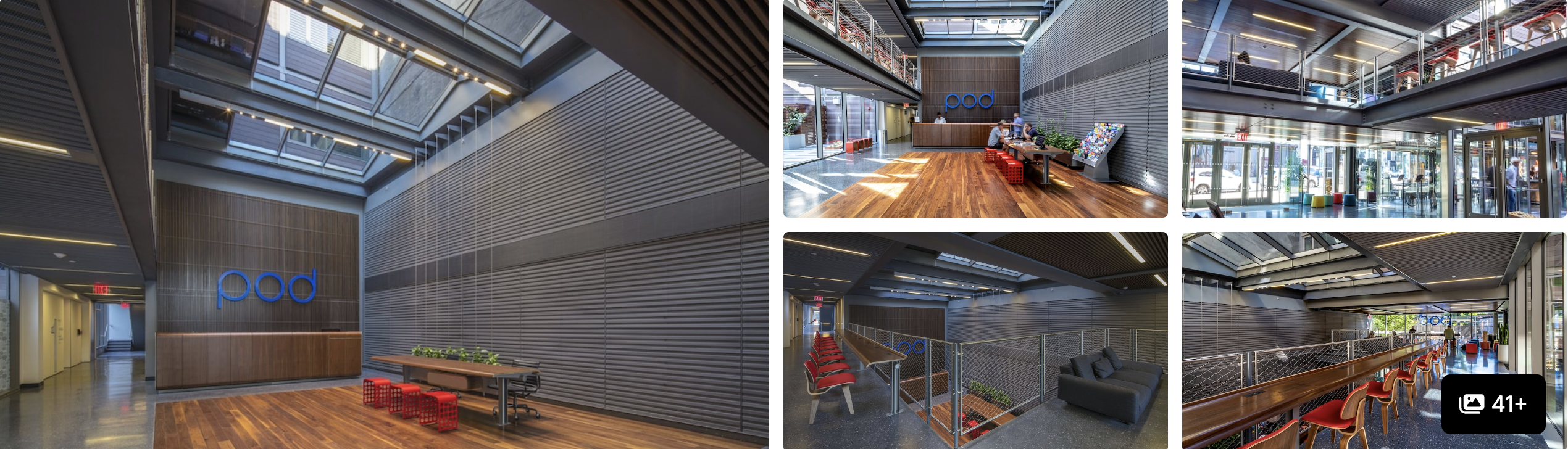 Photos of Pod Brooklyn in Williamsburg: industrial atrium lobby, communal tables and glass-walled stair lounges