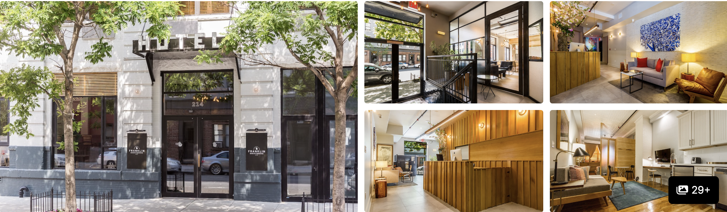 Photos of Franklin Guesthouse, Greenpoint: stone hotel facade with trees, glass-walled lobby and cozy living room