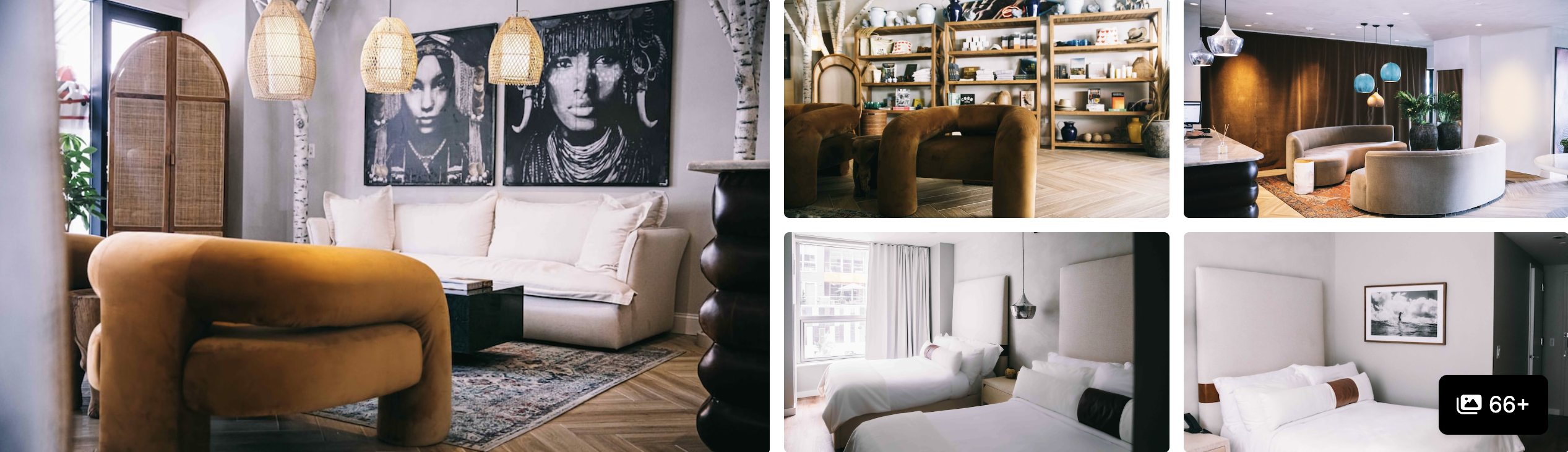 Photos of CODA Williamsburg: lounge with portrait art and rattan lighting, curved sofas and tailored guest rooms