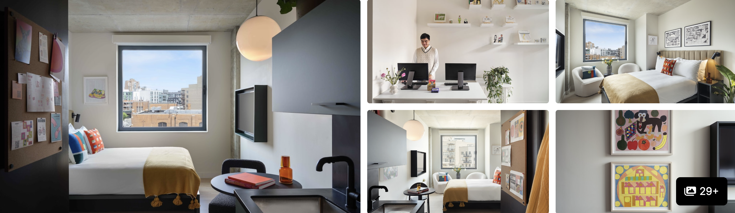 Photos of Penny Williamsburg: minimalist guest room with city view, open kitchen workspace and bright living area