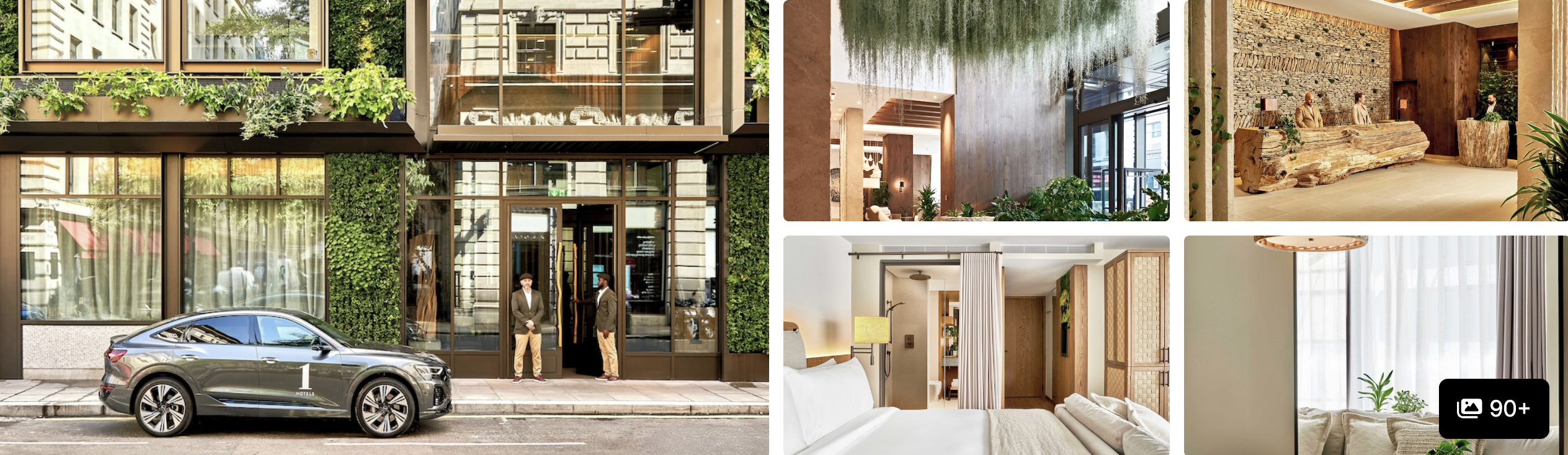 Photos of a sustainable London hotel for Fashion Week: greenery-clad entrance with car, living-wall lobby and bright guest rooms