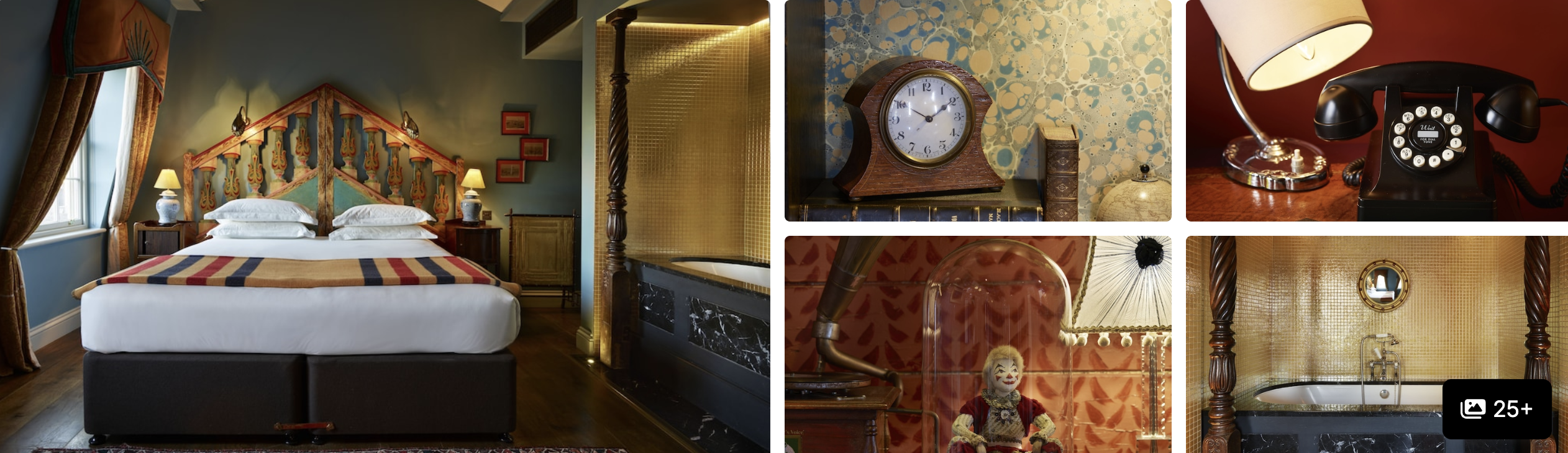 Photos of Treehouse Hotel London: eclectic guest room with patterned bedhead, vintage clock and telephone, and bathroom