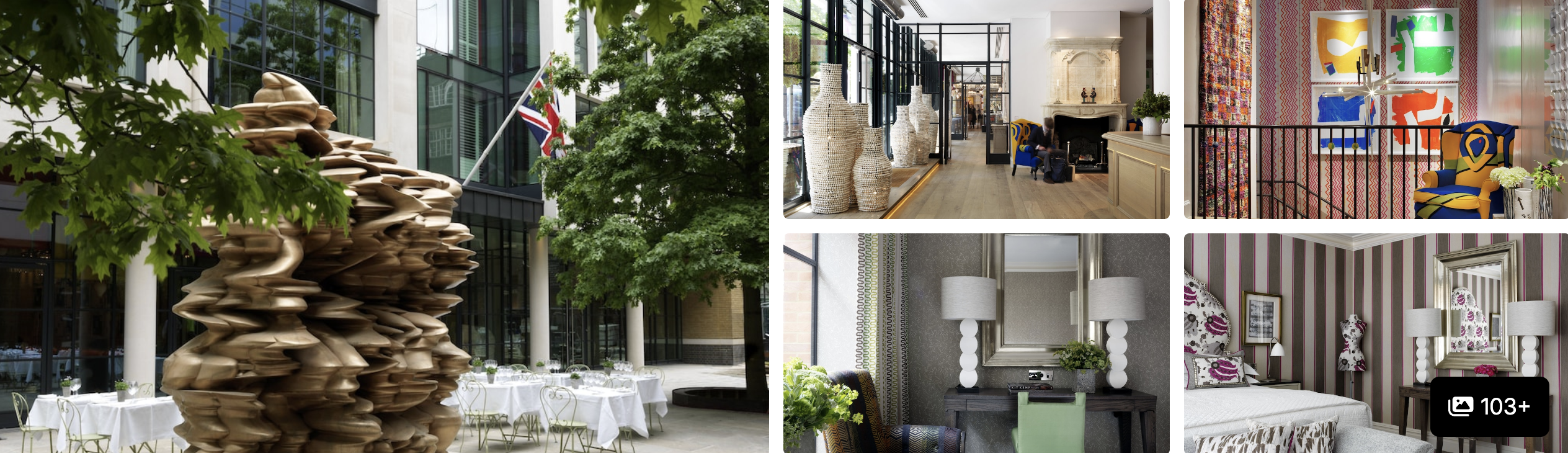 Photos of One Aldwych, London: sculpture-filled courtyard, lobby with vases, colorful lounge and elegant guest rooms
