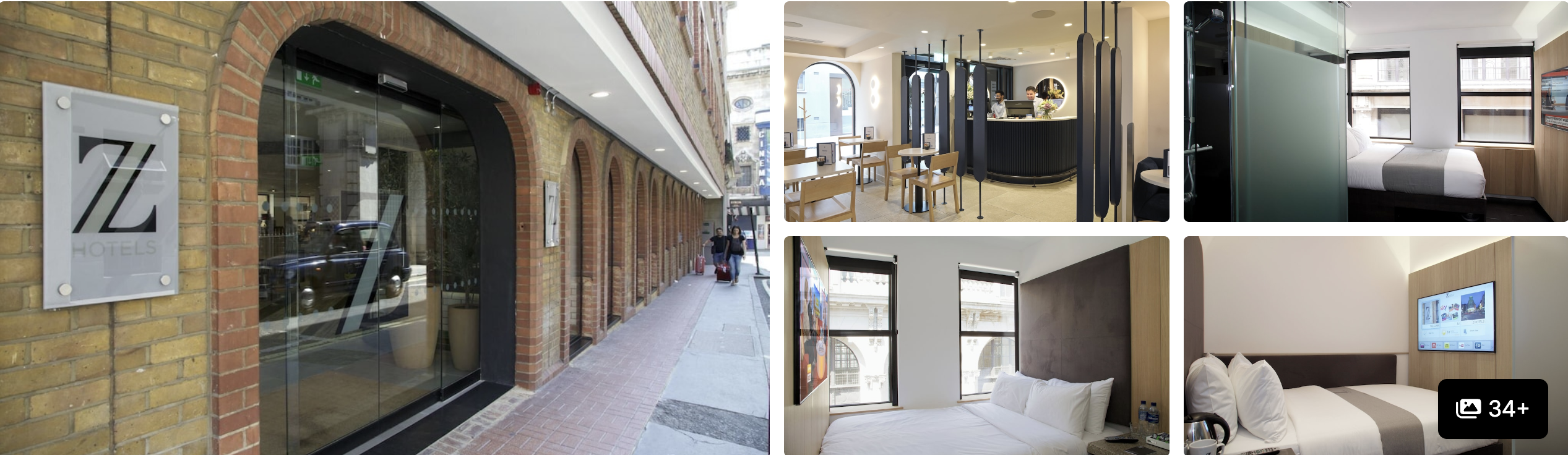 Photos of ME London: brick archway entrance with Z logo, modern lobby and minimalist guest rooms