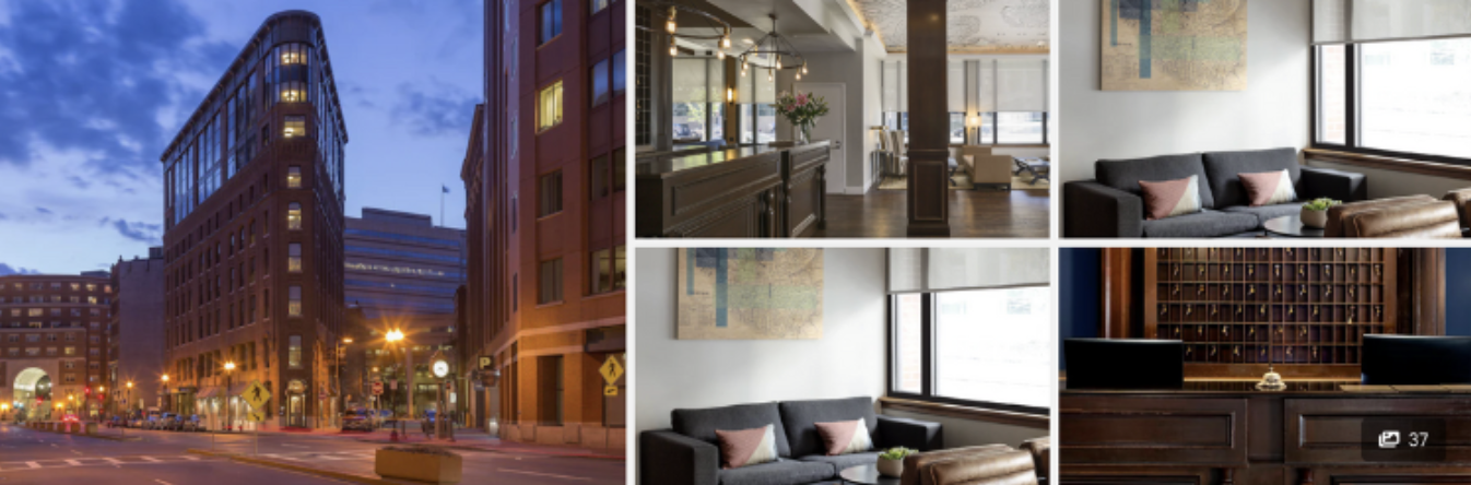 Photos of The Boxer Boston: brick building on a city street at dusk, lounge seating and intimate guest spaces