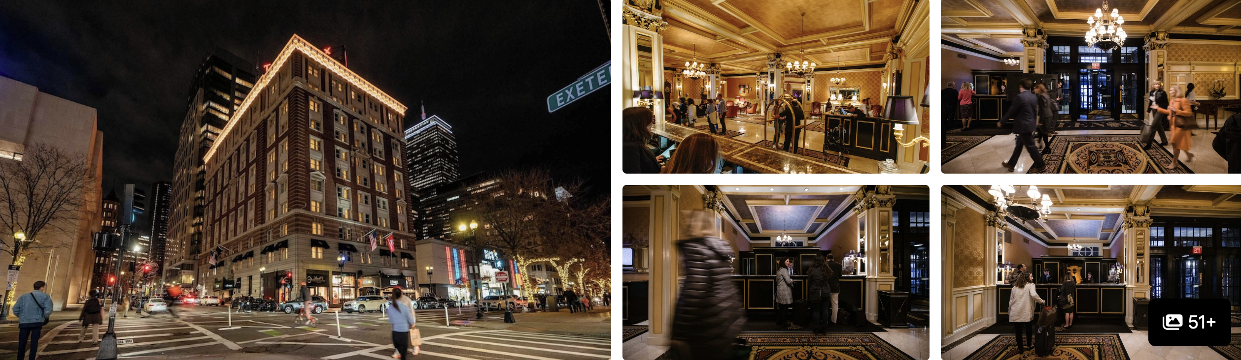 Photos of The Lenox Hotel, Boston: lit brick exterior at night on a city street, ornate lobby and grand staircase