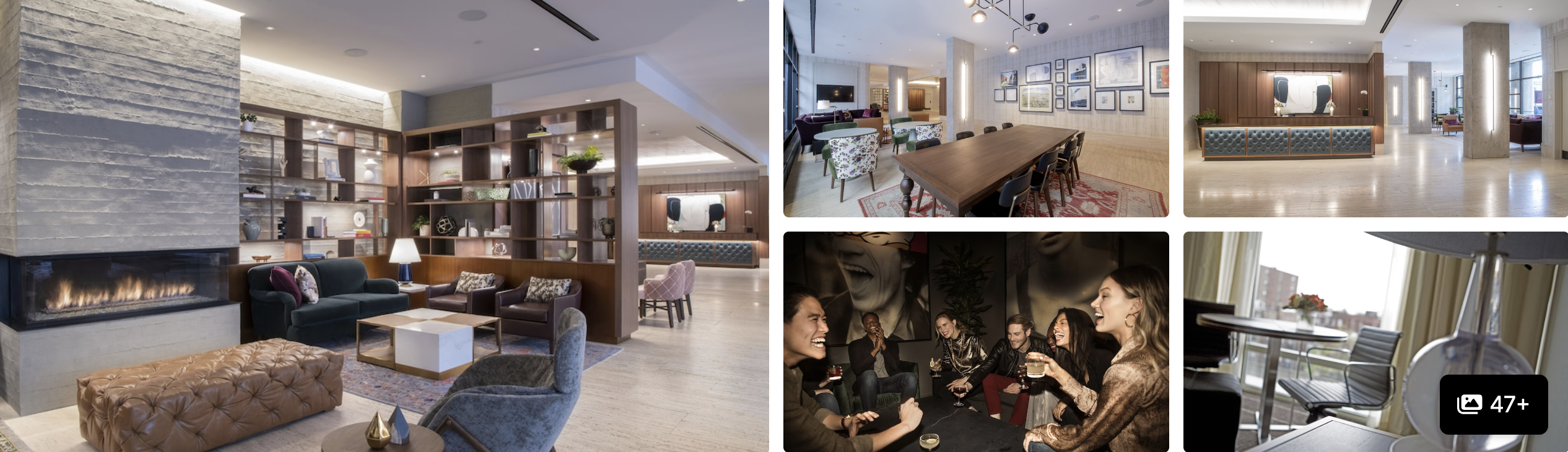 Photos of The Colonnade Hotel, Boston: stone-walled lobby lounge with fireplace, library shelving and meeting room
