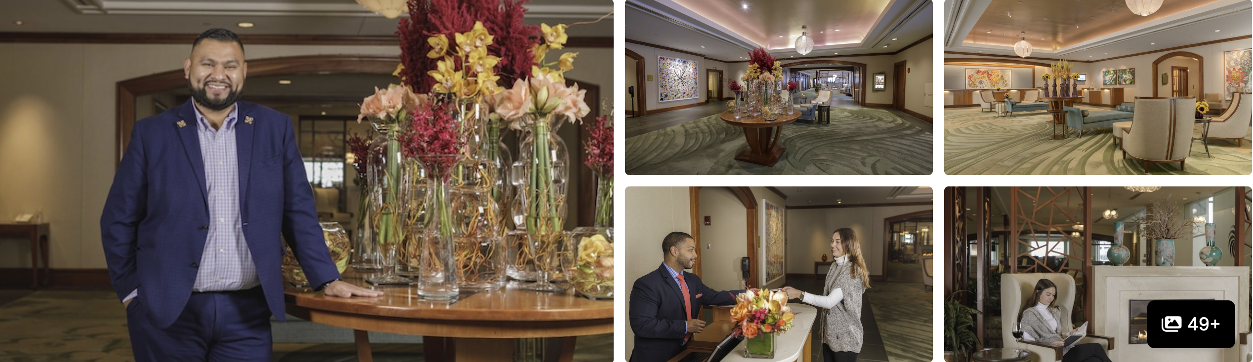 Photos of Seaport Hotel Boston: floral-decorated lobby with staff, guest check-in and seating areas