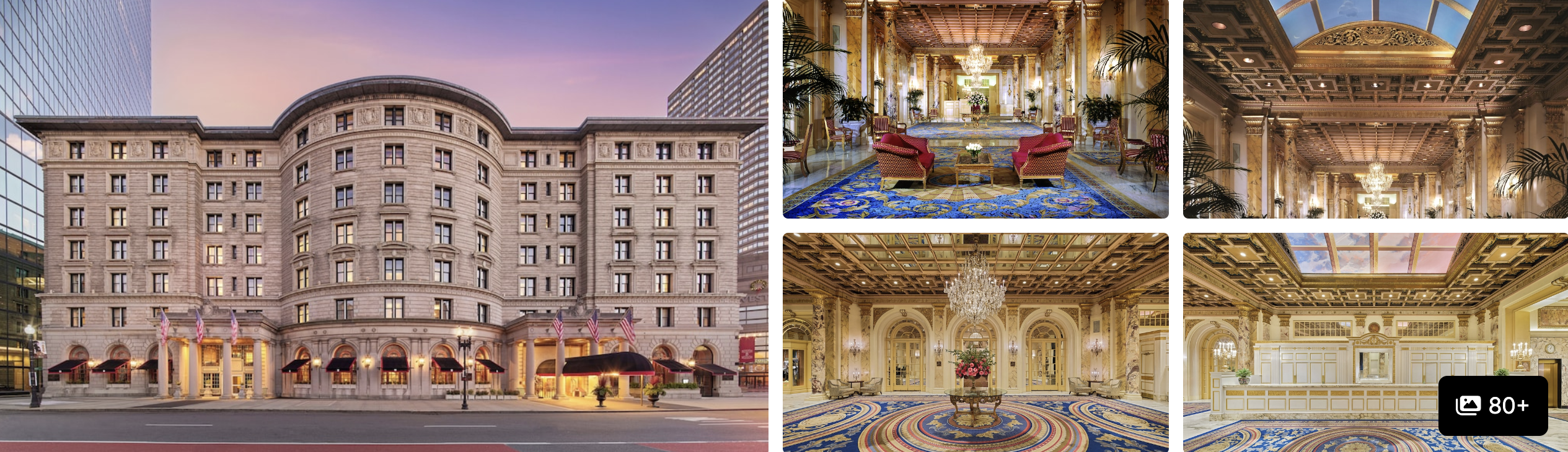 Photos of Fairmont Copley Plaza, Boston: grand stone facade at dusk, ornate gilded lobby and ballroom interiors