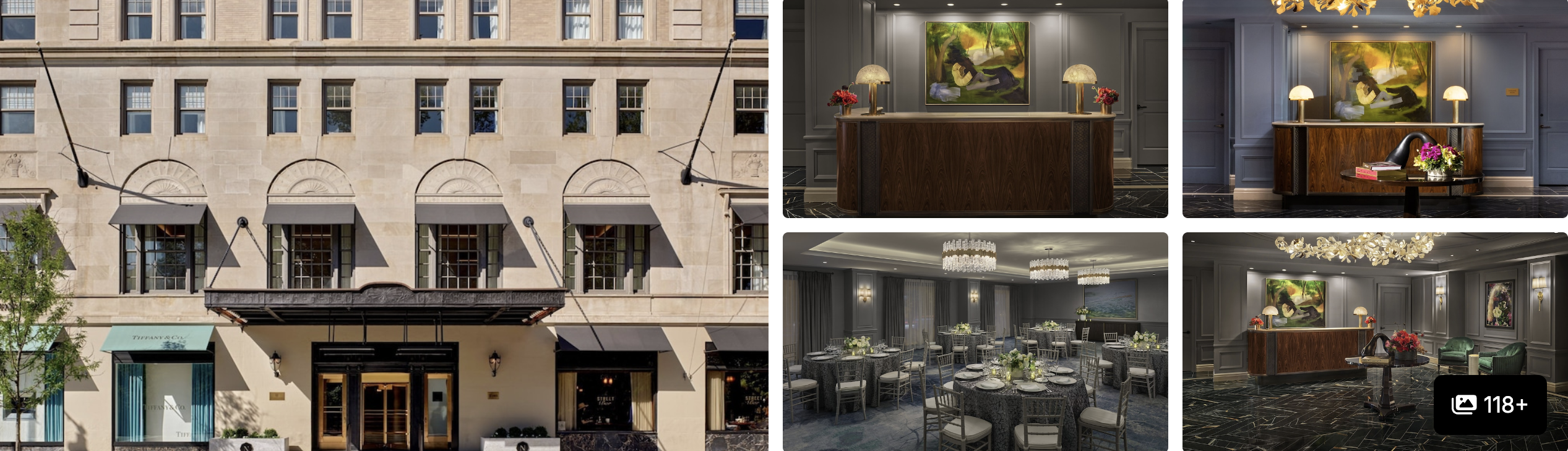 Photos of The Newbury Boston: stone facade entrance, elegant reception desks, ballroom and chandelier-lit lobby