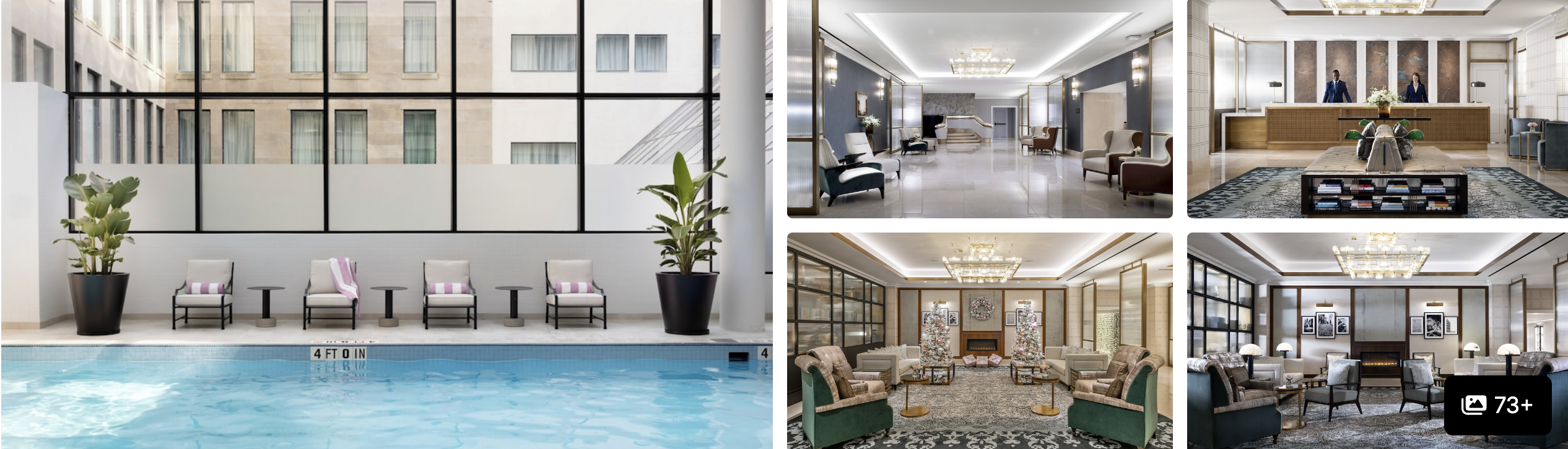 Photos of The Langham, Boston: indoor pool with lounge chairs, marble lobby with staff and elegant seating areas