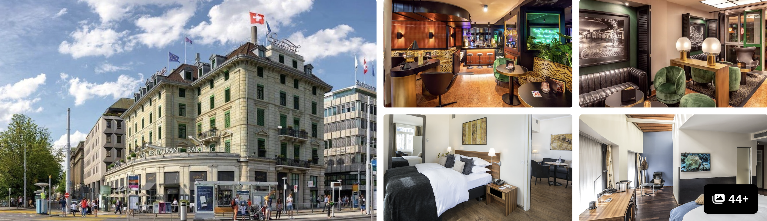 Photos of Central Plaza Hotel Zurich: historic corner building with flag, wood-panelled bar and guest rooms