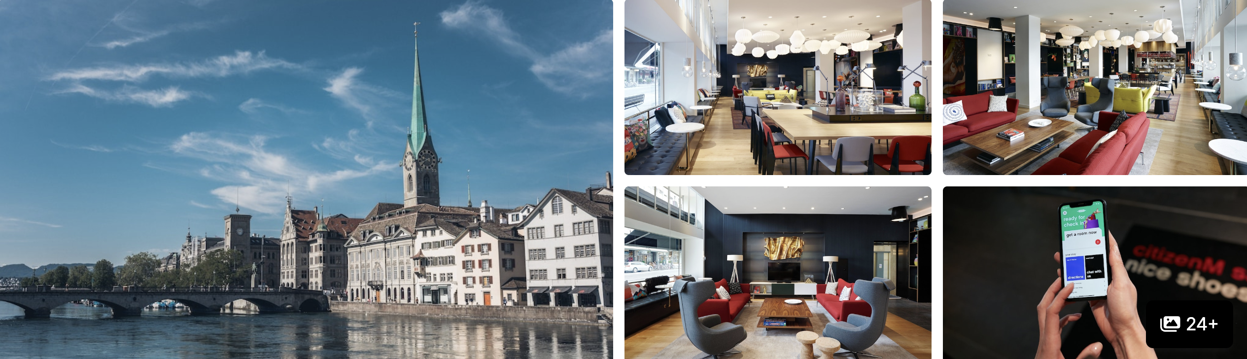 Photos of citizenM Zurich: river view of Zurich old town with church towers, colourful lobby lounges and app check-in