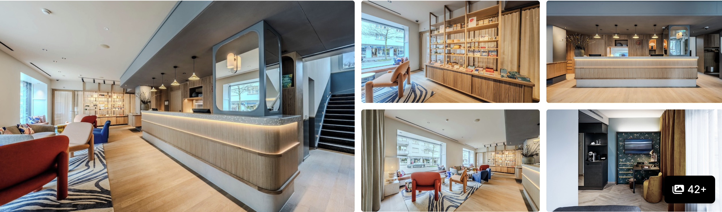 Photos of a Zurich hotel near the Hauptbahnhof: curved wood reception desk, bar, lounge seating and a guest suite