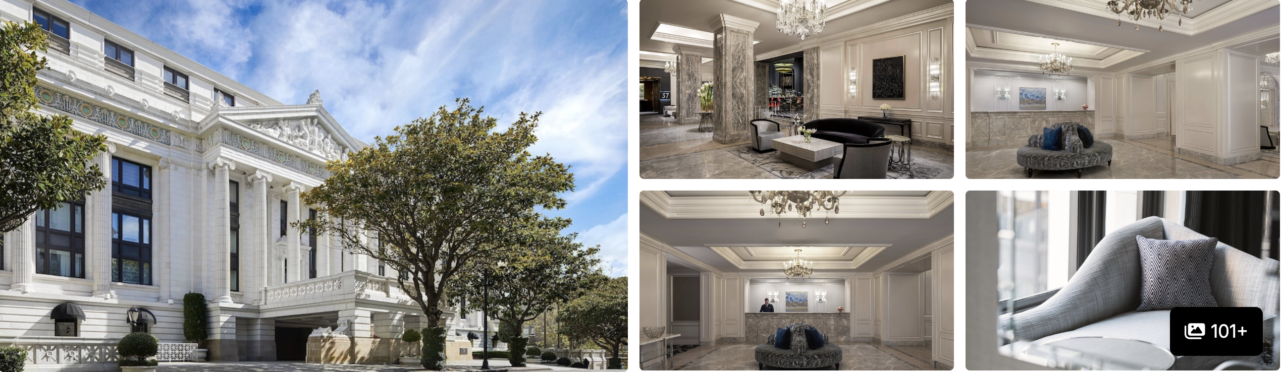 Photos of The Ritz-Carlton San Francisco: neoclassical columned facade, marble suite living room and elegant lounge