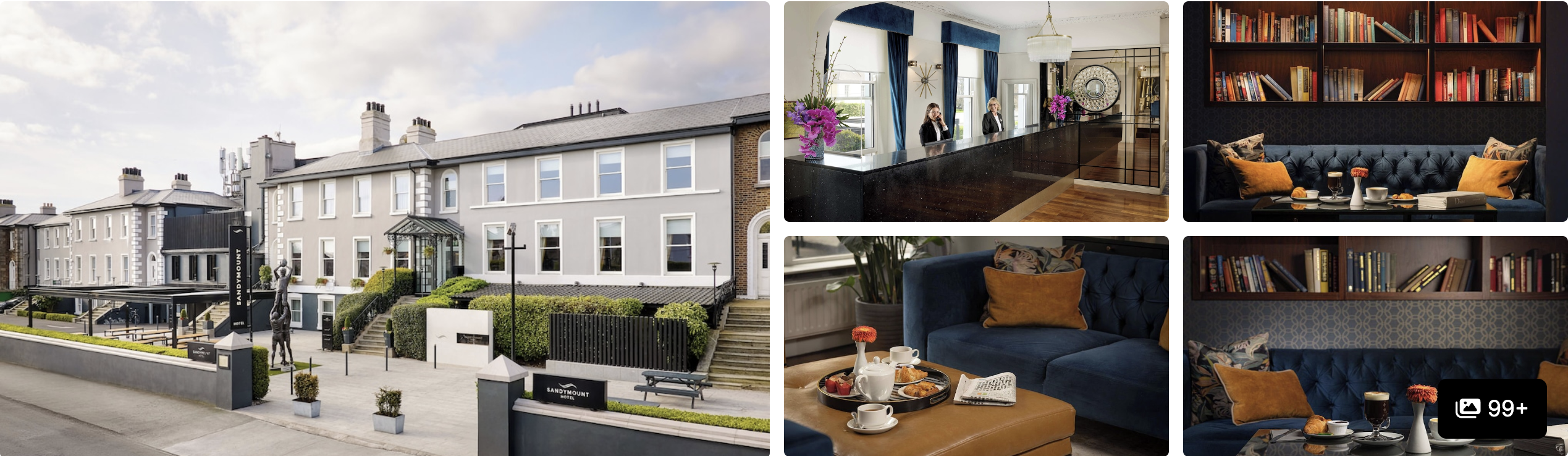 Photos of Sandymount Hotel, Dublin: grey period building exterior, reception, and navy-toned library lounge with bookshelves