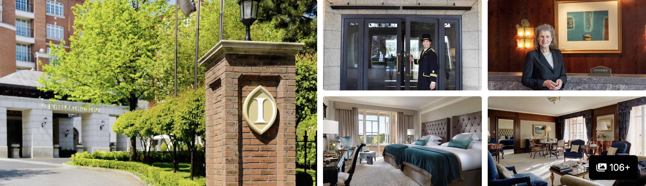 Photos of InterContinental Dublin: tree-lined entrance, doorman at the door, elegant guest room and lounge