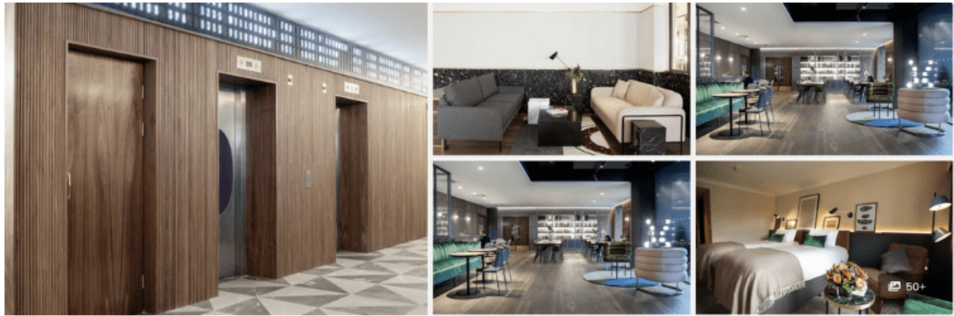 Photos of The Alex Hotel, Dublin: wood-panelled lift lobby, lounge with armchairs and a contemporary guest room
