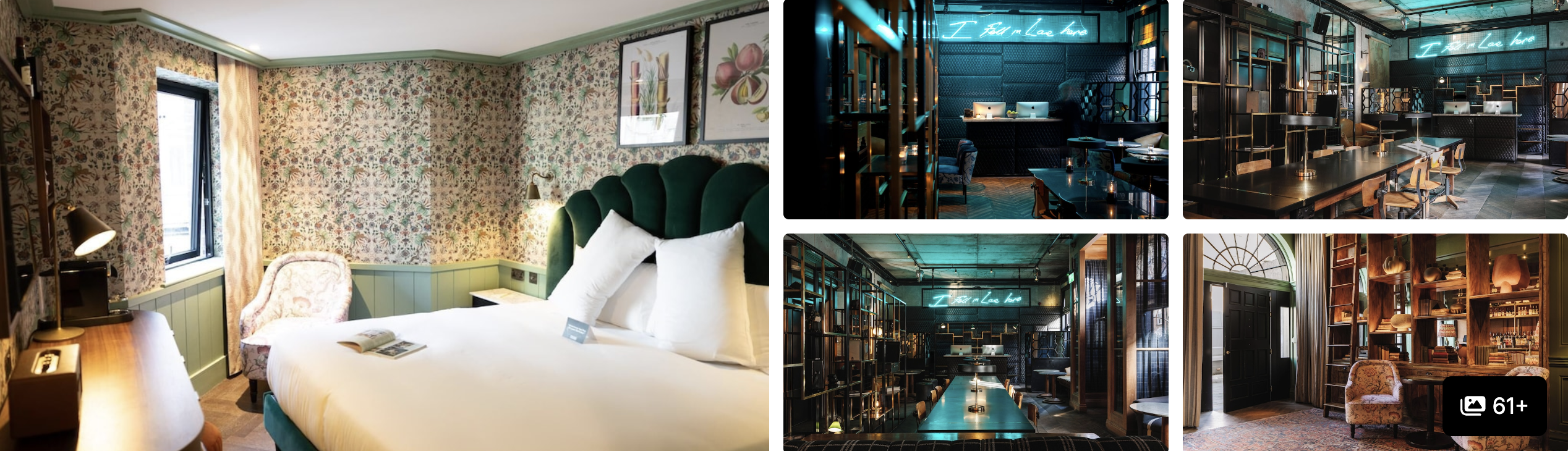 Photos of The Dean Dublin: floral-wallpaper guest room with green velvet headboard and moody green dining and bar spaces