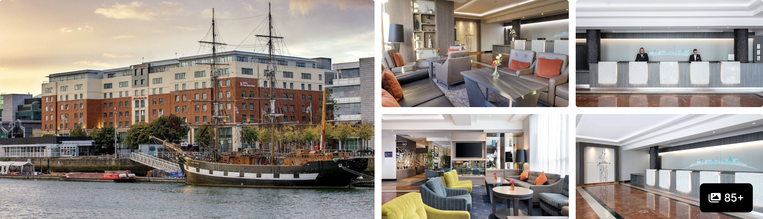 Photos of Hilton Garden Inn Dublin Custom House: riverside red-brick building with a tall ship, lobby lounge and meeting space