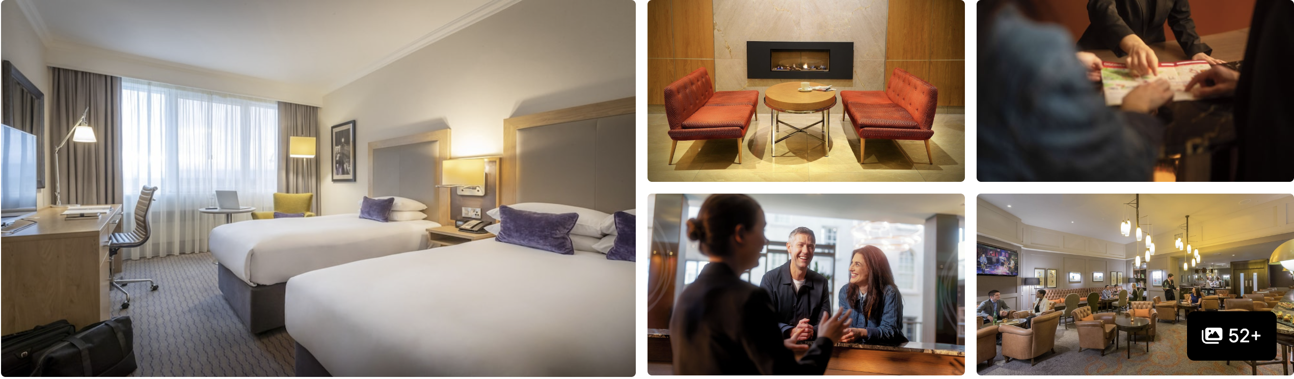 Photos of Clayton Hotel Burlington Road, Dublin: twin-bed guest room, fireside seating area, staff at reception and a lounge bar
