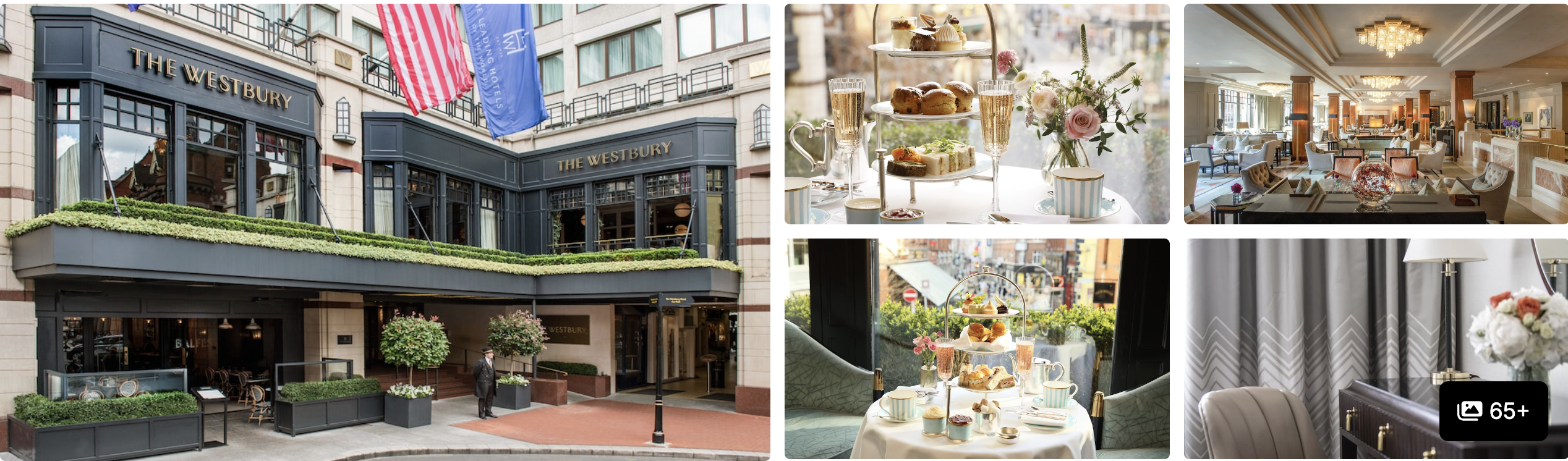 Photos of The Westbury Hotel, Dublin: grey stone facade with green planters, afternoon tea spreads and an elegant lounge