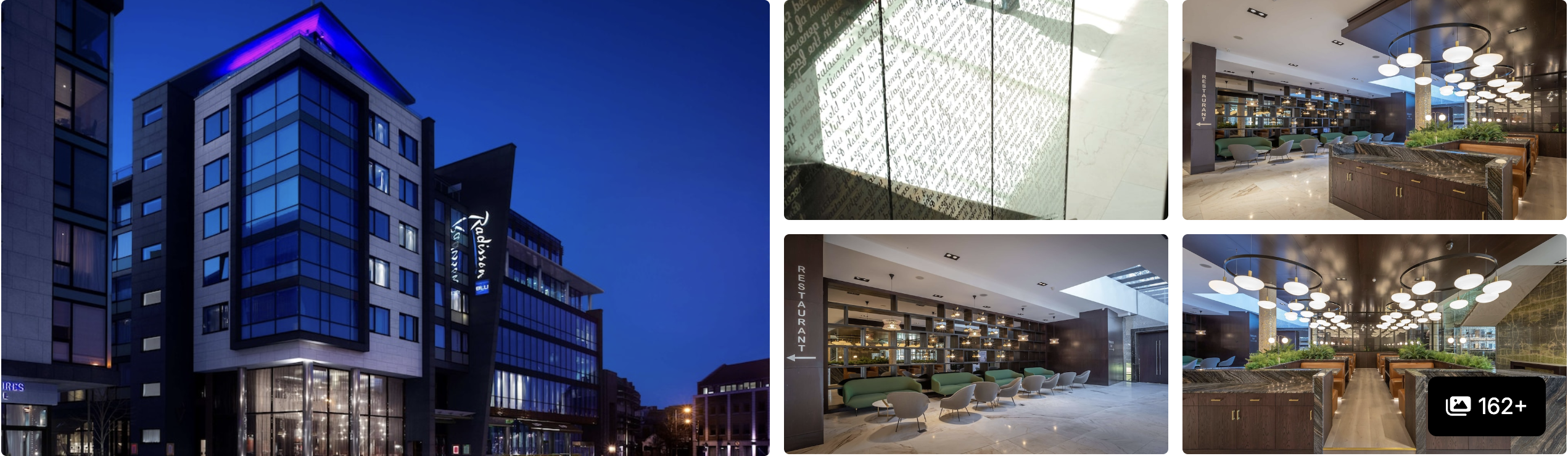 Photos of Radisson Blu Royal Hotel, Dublin: glass tower lit at dusk, modern lobby with skylight and dining areas