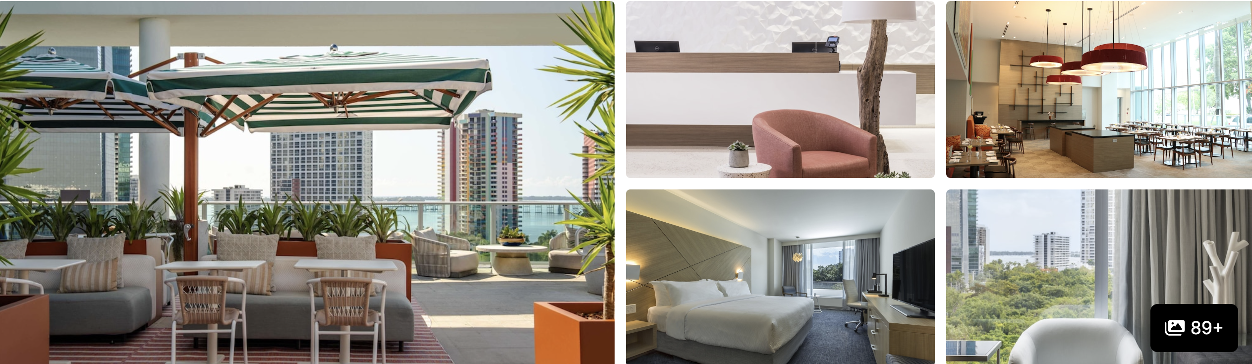 Photos of Novotel Miami Brickell: rooftop terrace with umbrellas and skyline, lobby seating, restaurant and guest room