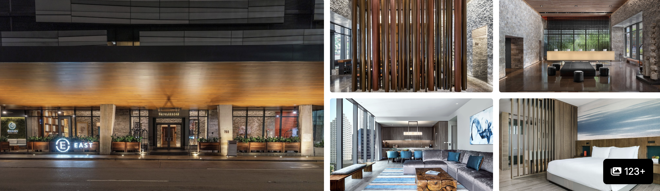 Photos of EAST Miami in Brickell: lit hotel entrance at night, wood-screen lobby, lounge seating and modern guest room