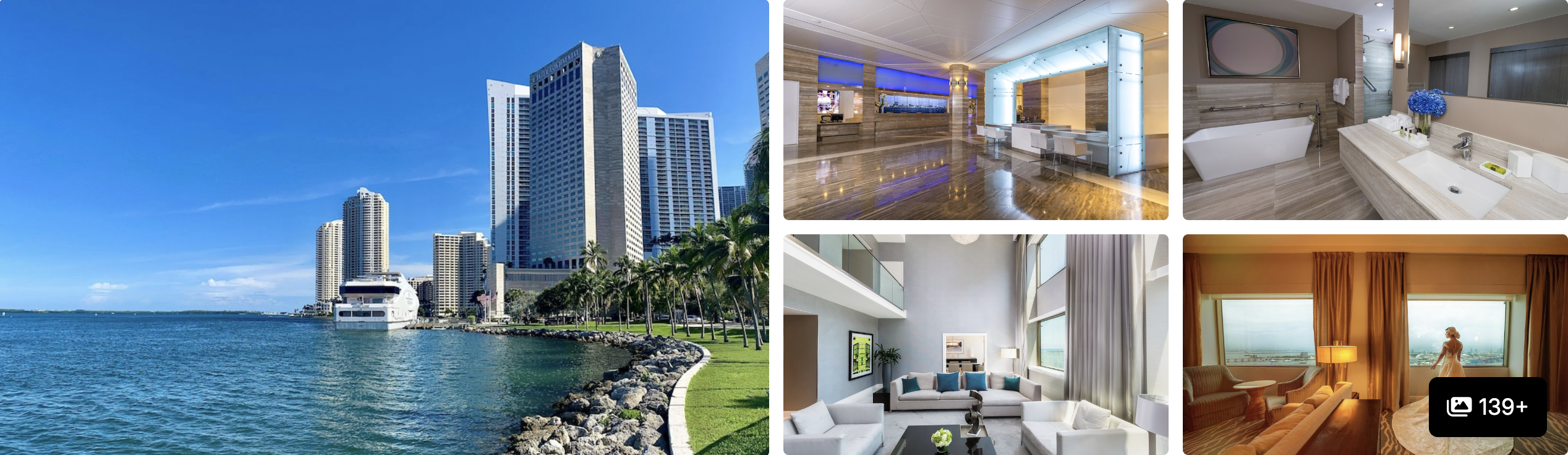 Photos of InterContinental Miami: waterfront skyline view, marble lobby, bathtub suite, living room and bedroom with bay view