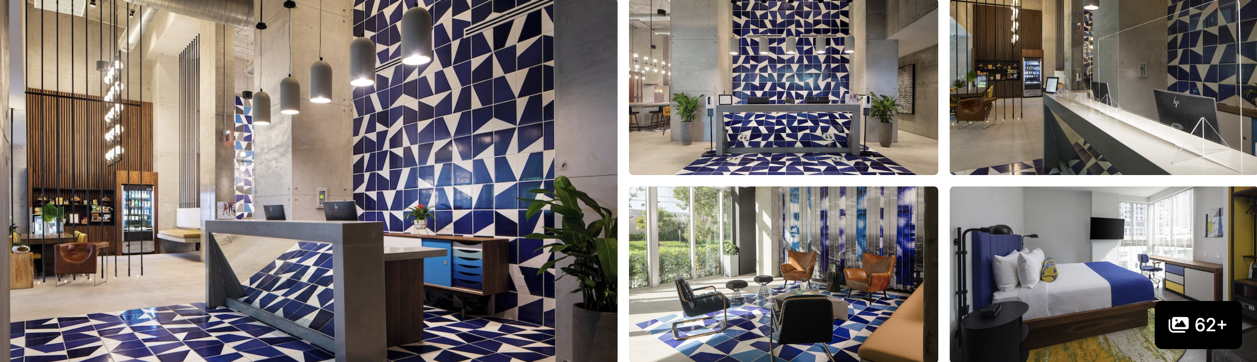 Photos of Hotel Indigo Miami Brickell: bold blue-patterned lobby and reception, lounge seating and guest room